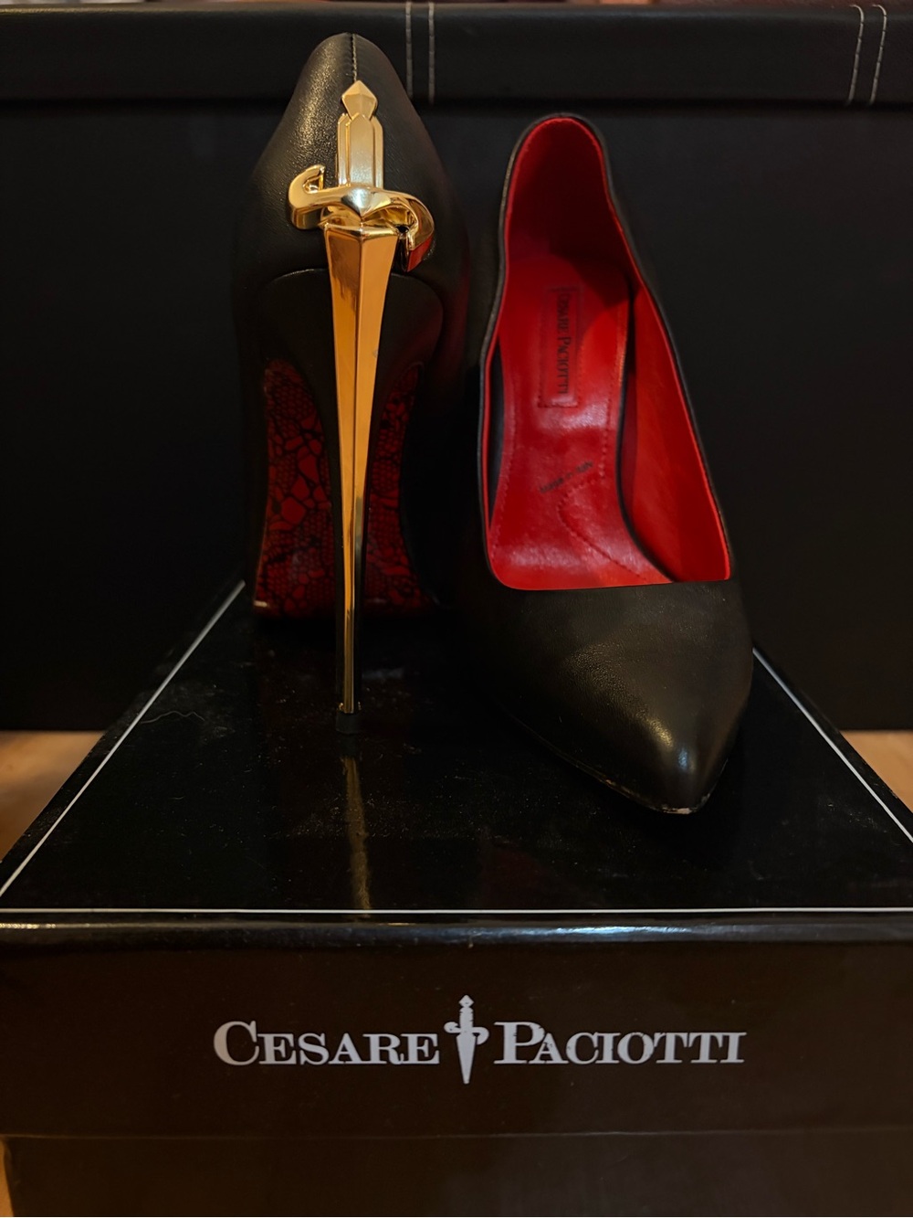 Cesare Paciotti Black Leather Pumps with Gold Sword Stiletto and Red Lining